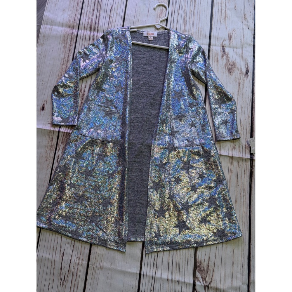 LuLaRoe Sariah Kids Cardigan Silver Holographic Glitter Star Duster Size 8 NEW